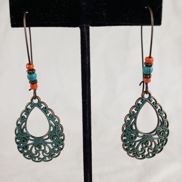 Boho Beaded Patina Teardrop Earrings - Picture 1 of 3